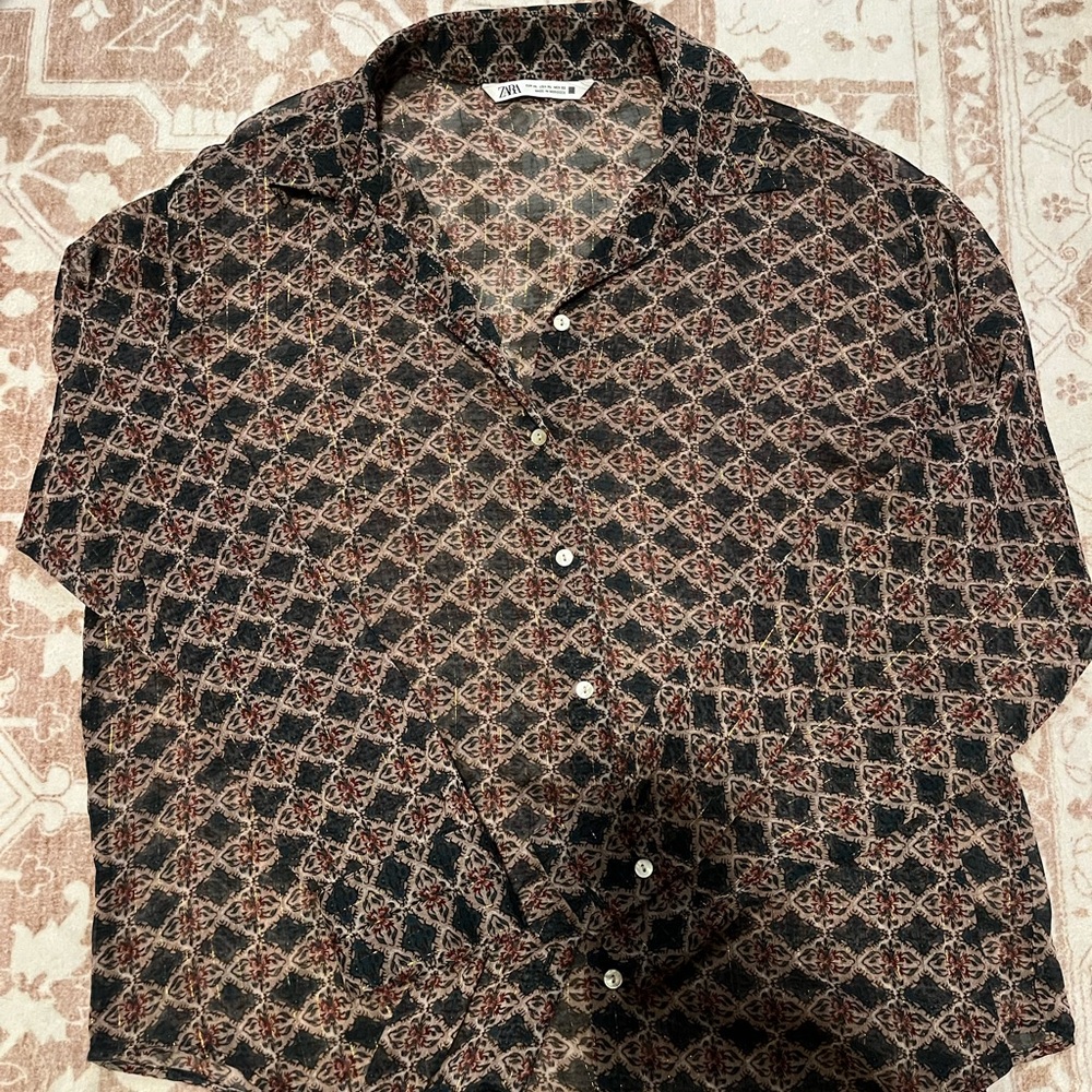 Zara Brown Patterned Button Down Shirt - image 3